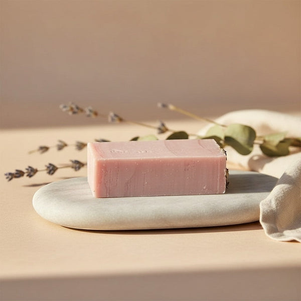 Oh Canada Gifts handcrafted fruity floral soap bar in dusty pink on a stone dish with dried lavender sprigs