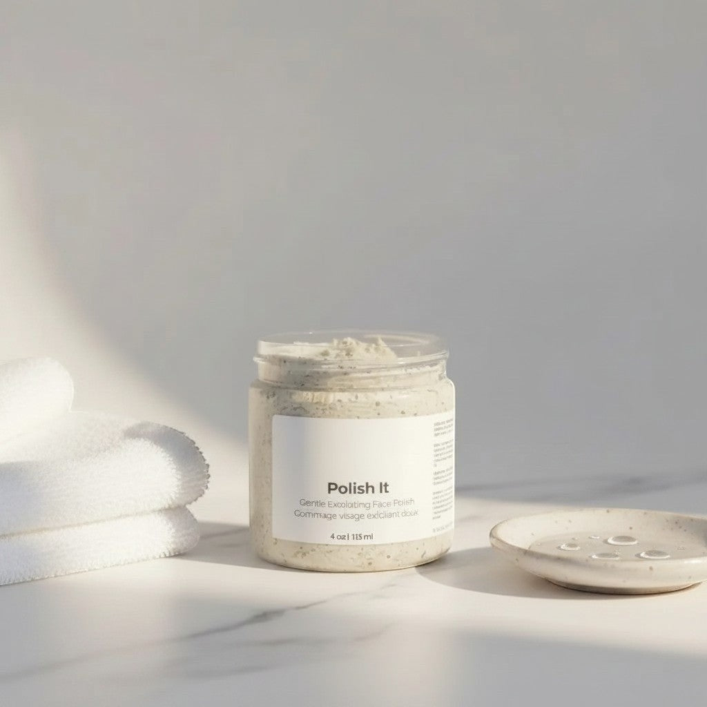 Oh Canada Gifts Polish It creamy exfoliant in a clear jar with white label, sitting on a marble surface with towels.