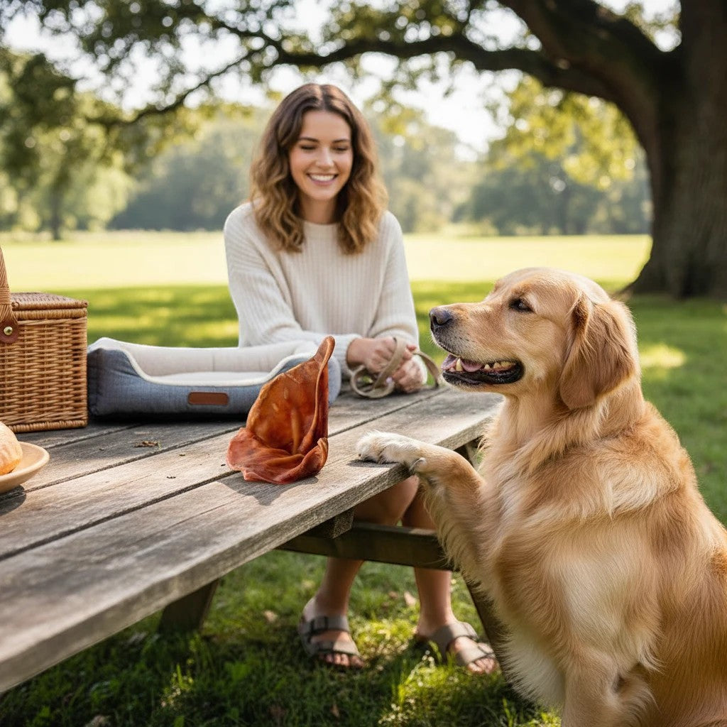 Oh Canada Gifts natural dried pork ear dog chew sitting on a wooden picnic table next to a golden retriever