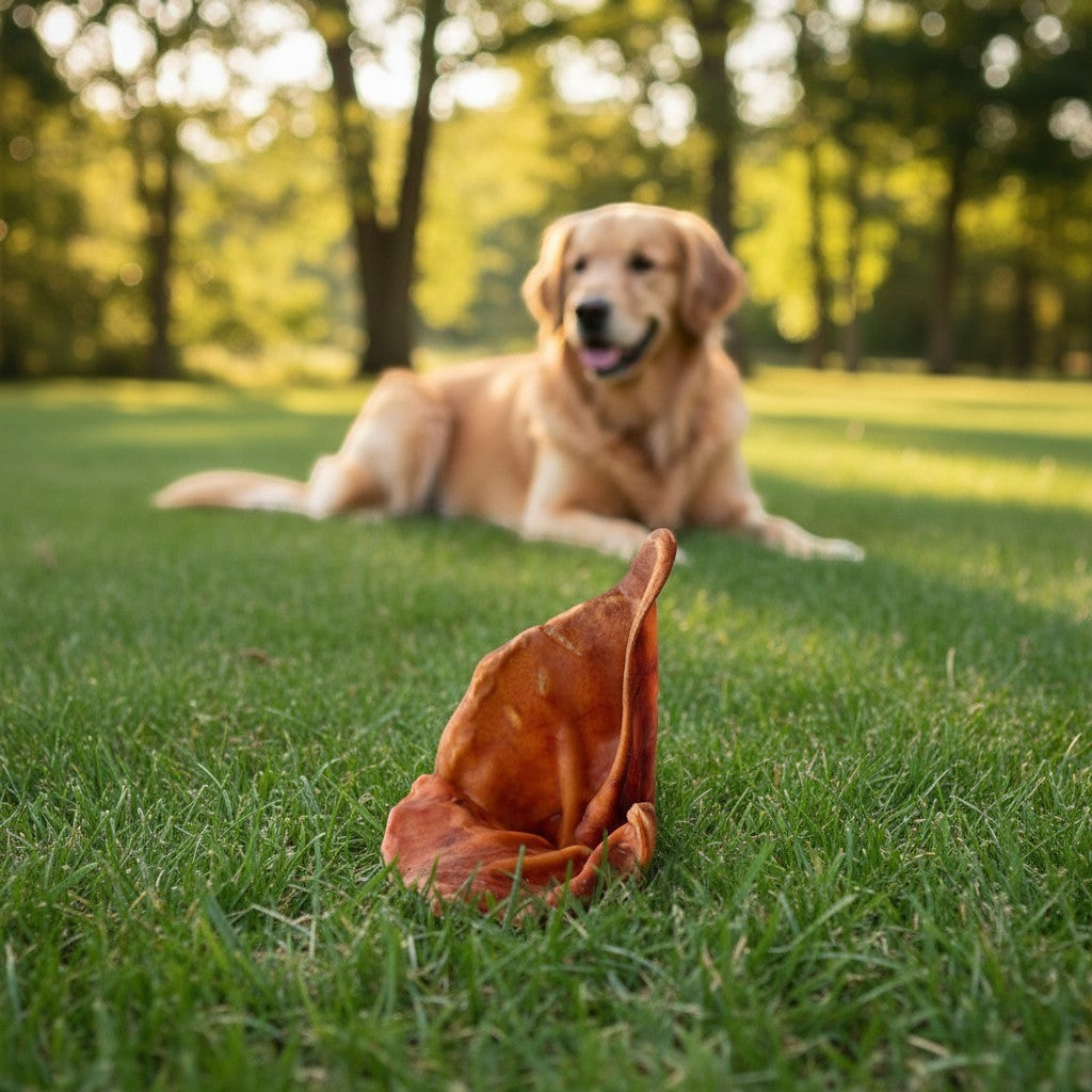 Oh Canada Gifts natural dried pork ear dog chew sitting on green grass with a golden retriever in the background