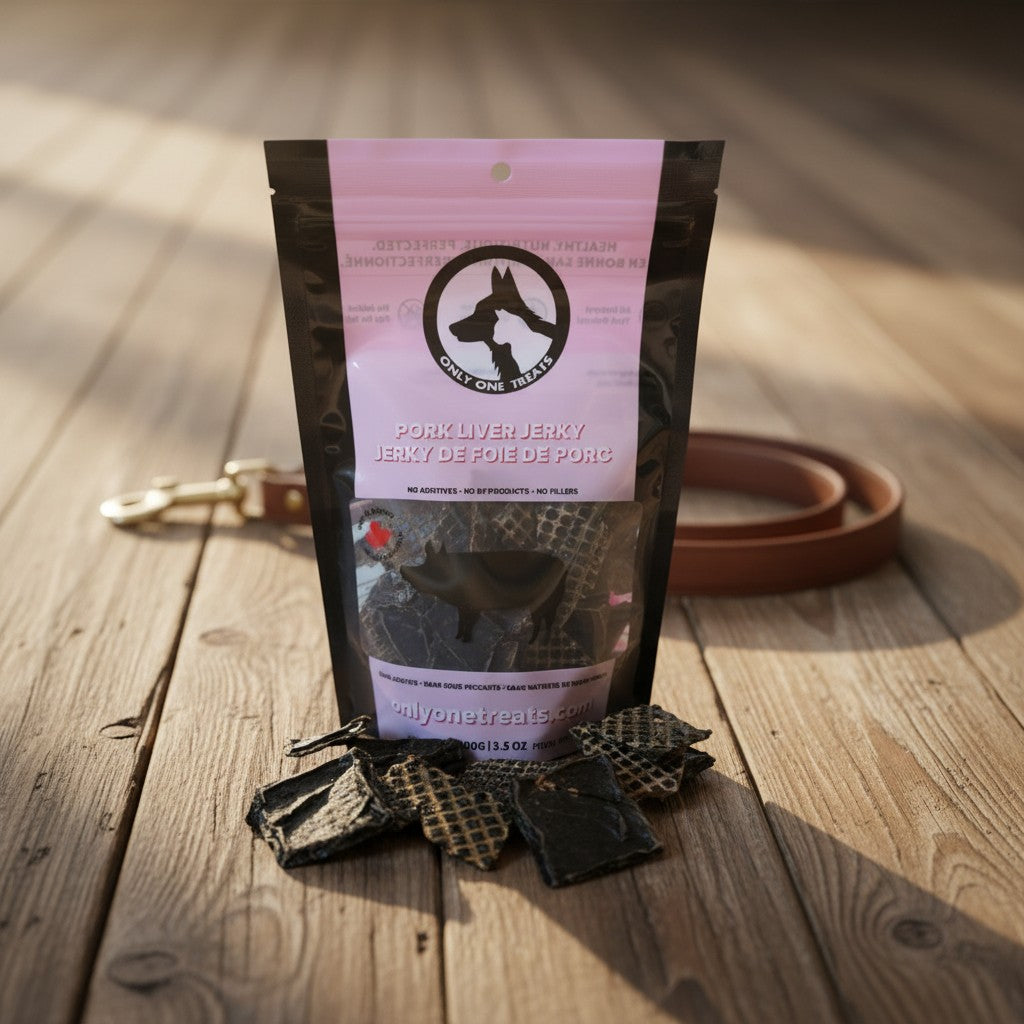 Oh Canada Gifts pork liver jerky treats in a 100g bag with a brown leather leash on a wooden floor.