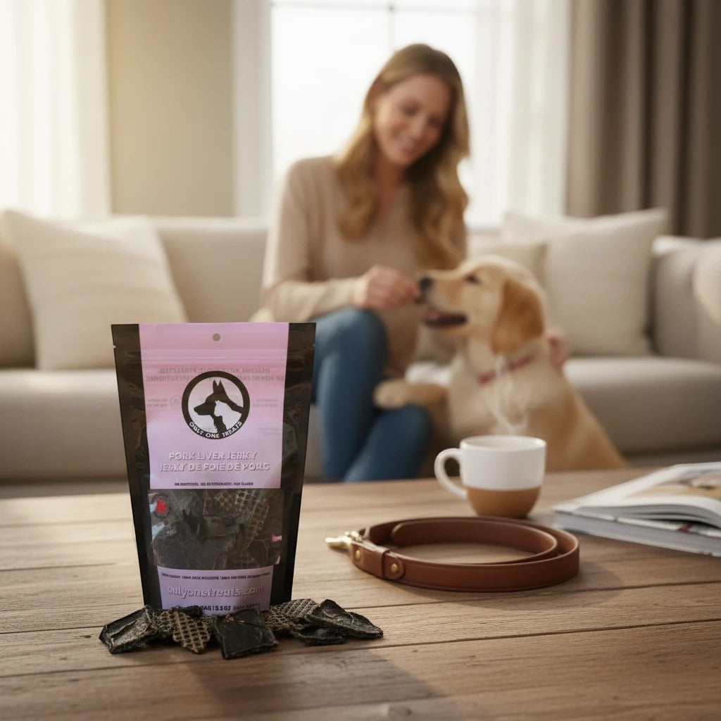 Oh Canada Gifts pork liver jerky bag with chewy treats on a wooden table, woman and dog in the blurred background.