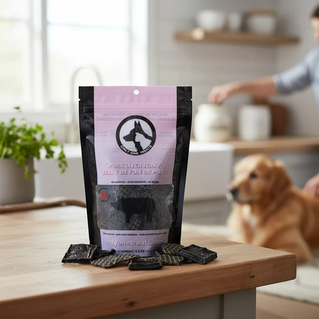 Oh Canada Gifts pork liver jerky treats in a pink and black bag on a wooden table with a dog in the background.