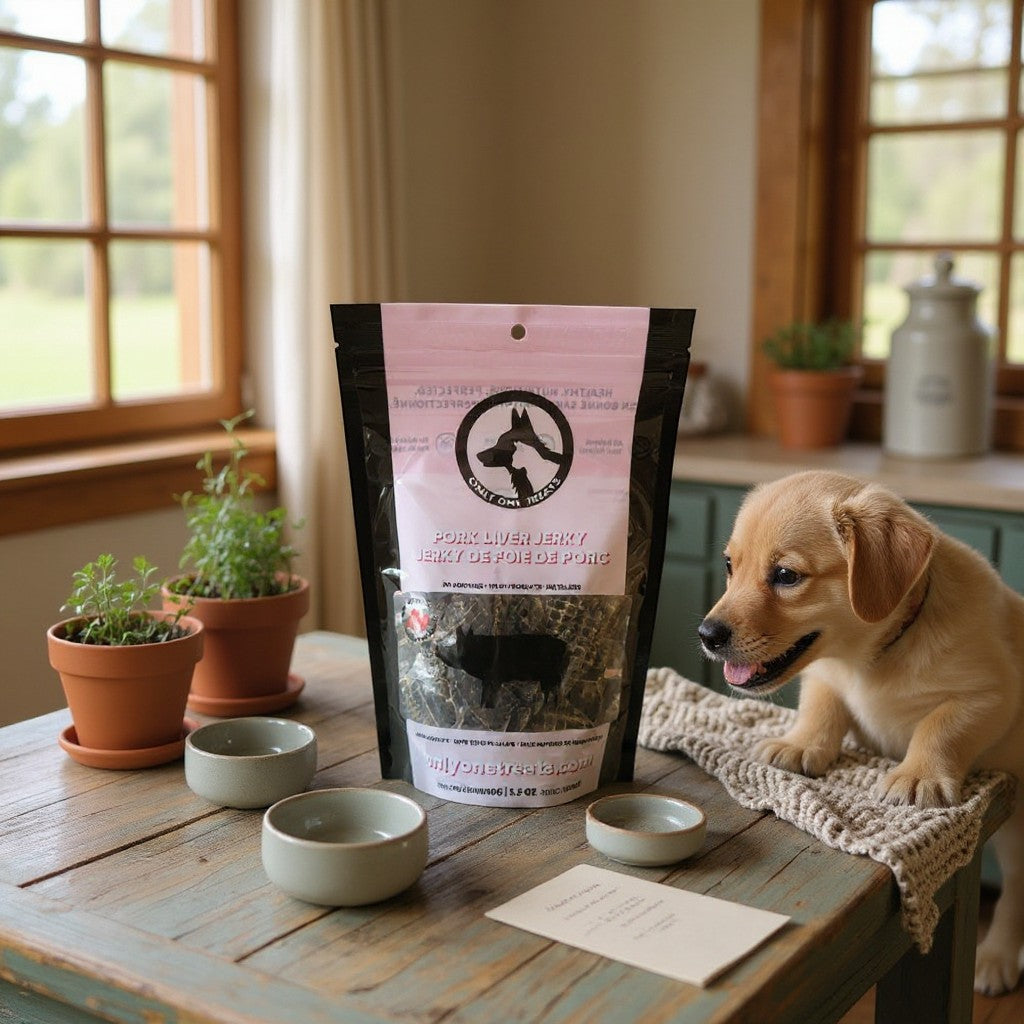 Oh Canada Gifts pork liver jerky bag on a wooden table next to a cute puppy in a cozy kitchen setting.