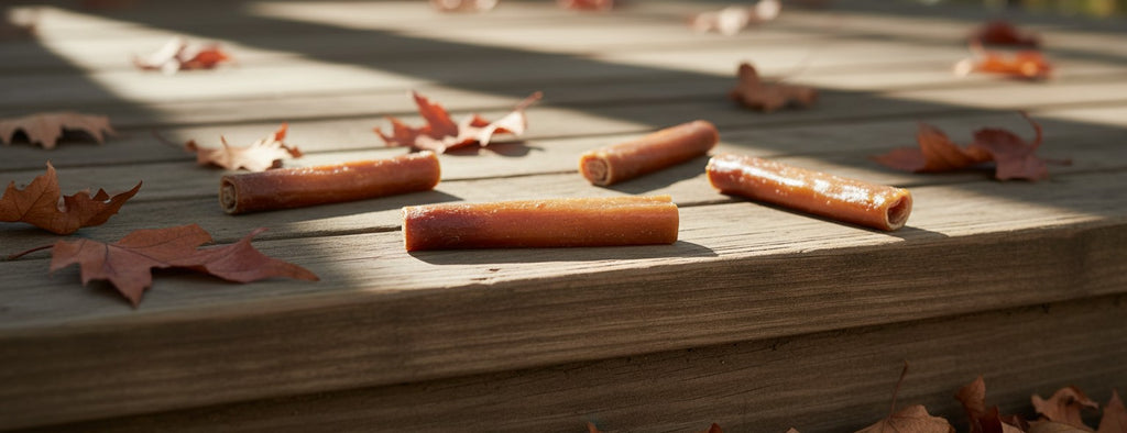 Oh Canada Gifts natural pork skin dog chew rolls scattered on wooden steps with autumn leaves
