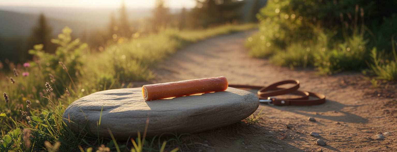 Oh Canada Gifts natural pork skin dog chew roll resting on a flat stone on a scenic mountain trail at sunset