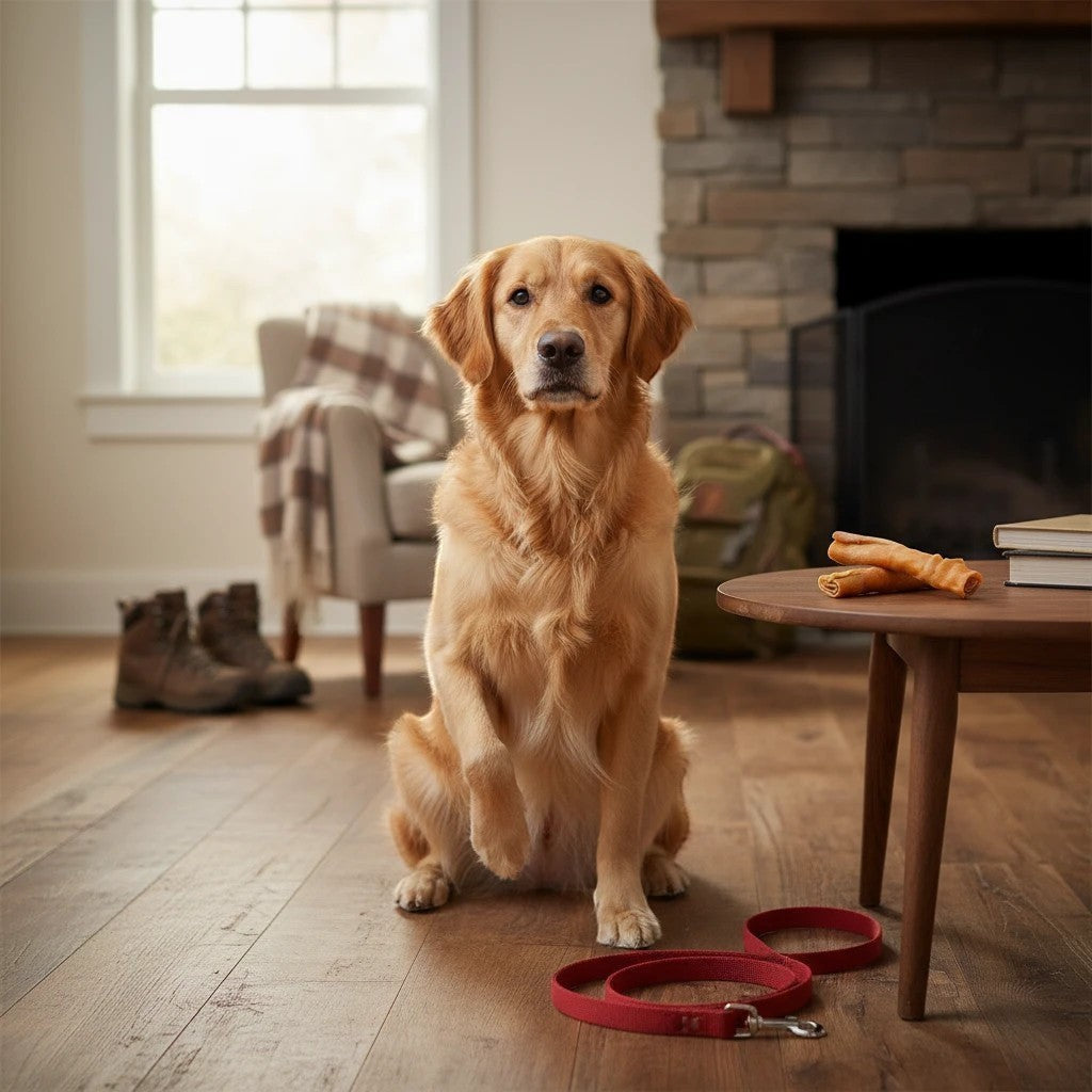 Oh Canada Gifts 10-inch natural pork skin dog chew roll sitting on a wooden table next to a Golden Retriever