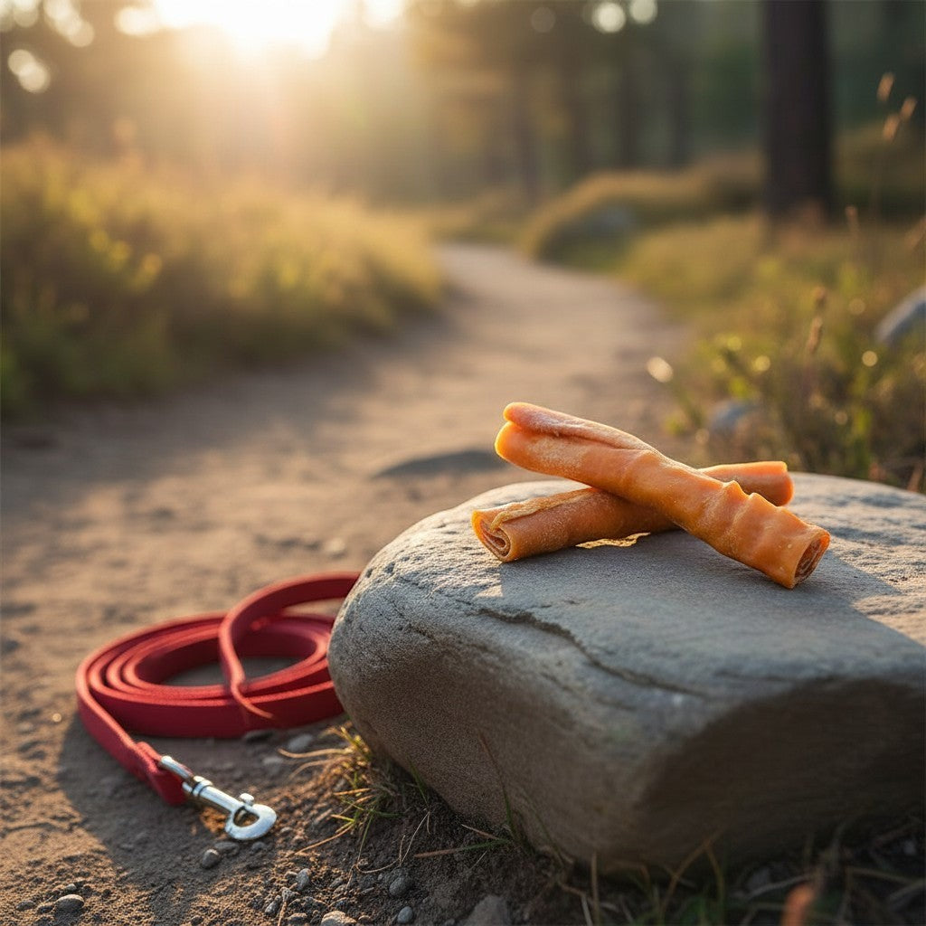 Oh Canada Gifts natural oven-baked pork skin roll dog chew resting on a stone path with a red leash at sunset