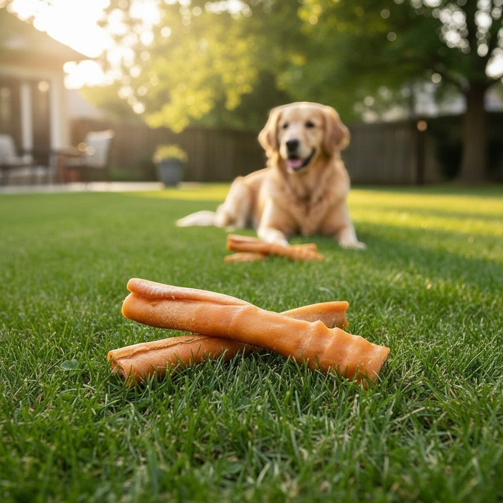Oh Canada Gifts 10-inch natural oven-baked pork skin roll dog chew resting on green grass with a golden retriever