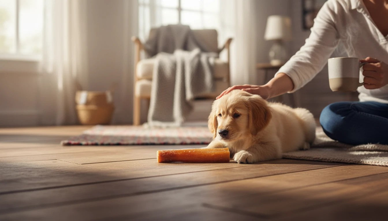 Oh Canada Gifts natural pork skin roll dog chew on a wooden floor with a golden retriever puppy and owner