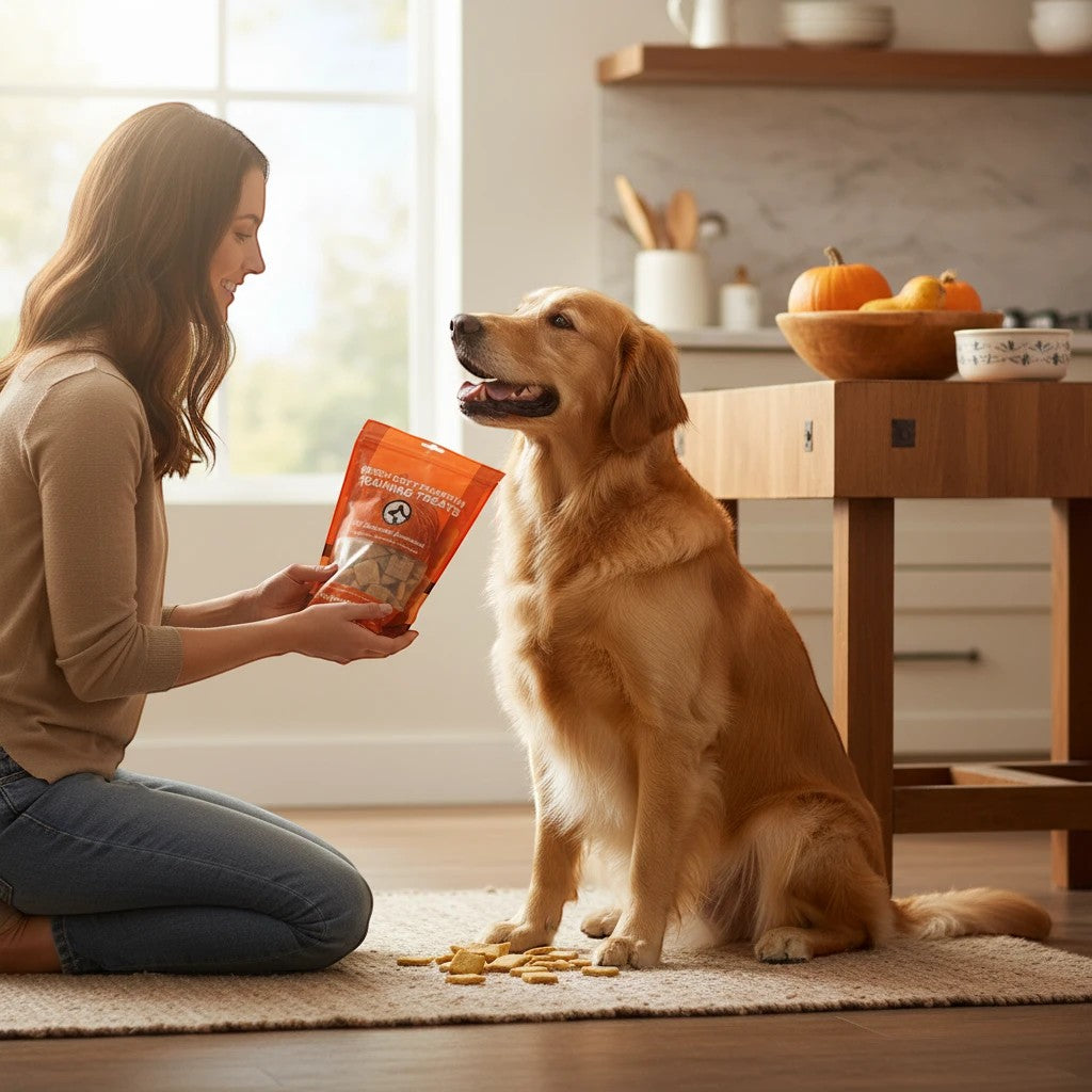 Oh Canada Gifts soft pumpkin dog training treats in a 680g bag being fed to a golden retriever by a woman in a kitchen