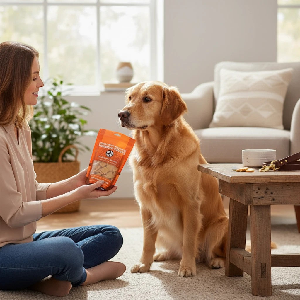 A woman holding a bag of Oh Canada Gifts soft pumpkin dog training treats while sitting with a golden retriever.