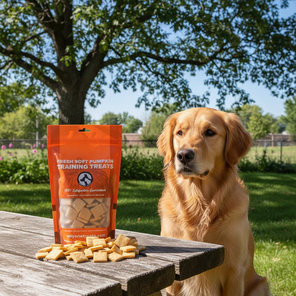 Oh Canada Gifts soft pumpkin training treats in a bulk bag next to a golden retriever sitting on a wooden picnic table.