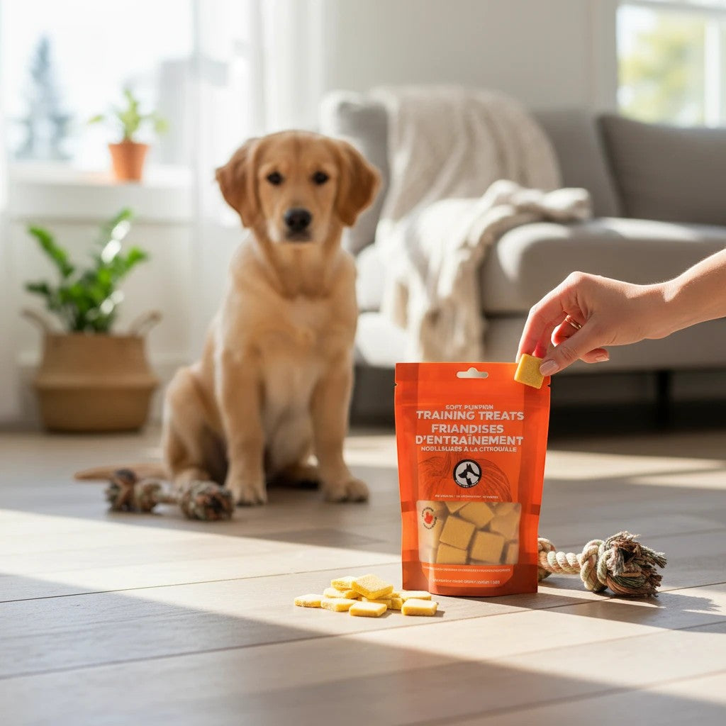 Oh Canada Gifts soft pumpkin dog training treats in an orange pouch with a golden retriever waiting in the background