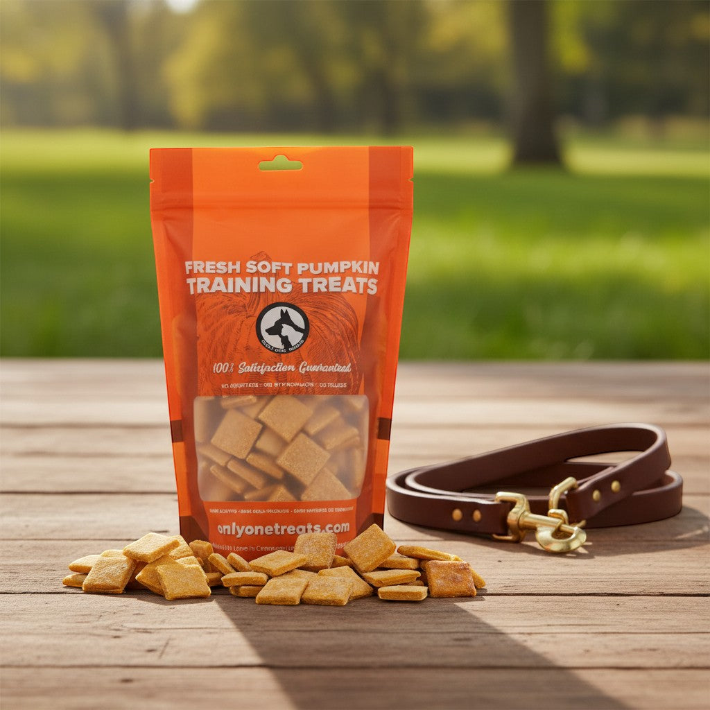 Oh Canada Gifts soft pumpkin training treats in a 680g bag with bite-sized squares on a wooden table with a leash.