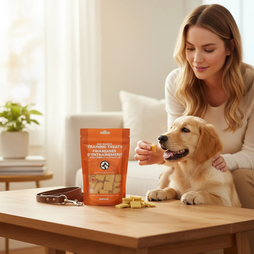 Oh Canada Gifts soft pumpkin dog training treats in an orange pouch with a woman feeding a golden retriever puppy