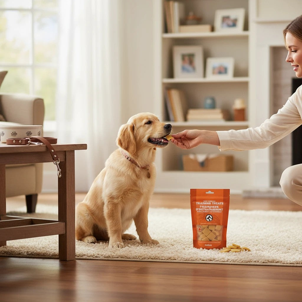Oh Canada Gifts soft pumpkin dog training treats being fed to a golden retriever puppy in a cozy living room