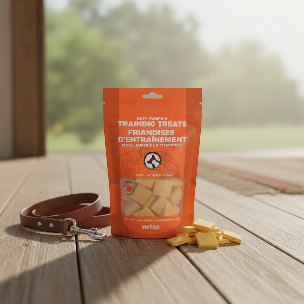 Oh Canada Gifts soft pumpkin training treats in an orange pouch with bite-sized pieces on a wooden deck.