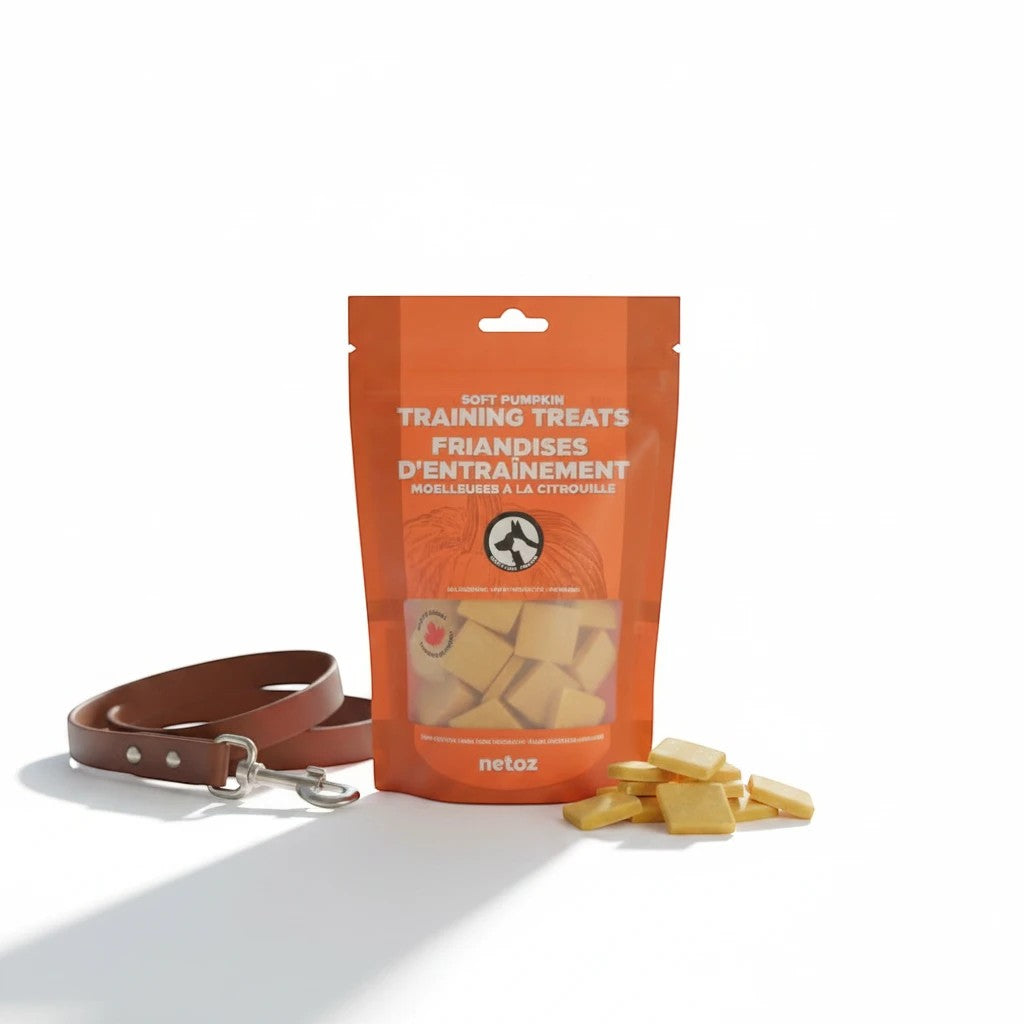 Oh Canada Gifts soft pumpkin training treats in an orange pouch with a brown leather leash on a white background.