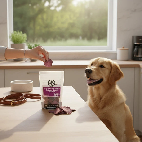 Oh Canada Gifts purple sweet potato slices being fed to a golden retriever in a bright kitchen