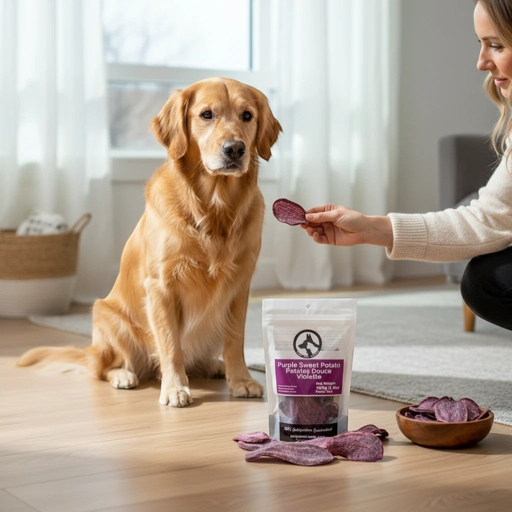 Oh Canada Gifts purple sweet potato dog treat slices being offered to a golden retriever in a bright living room.