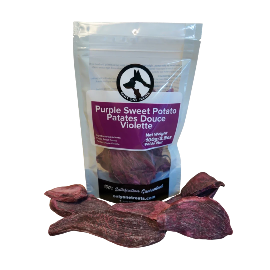 Oh Canada Gifts purple sweet potato slices in a 100g resealable bag, a crunchy grain-free pet treat.
