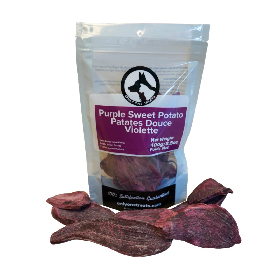 Oh Canada Gifts purple sweet potato slices in a 100g resealable bag, a crunchy grain-free pet treat.