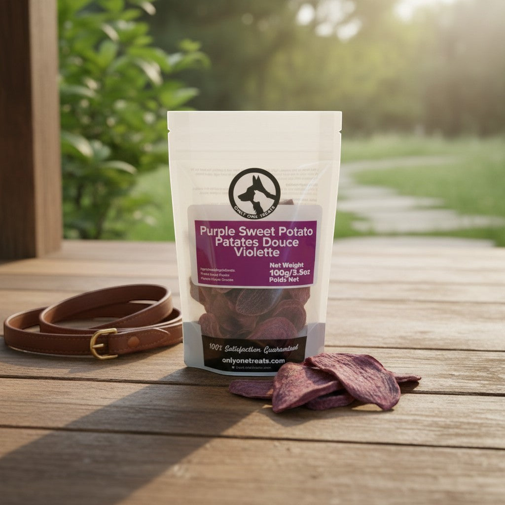 Oh Canada Gifts purple sweet potato slices in a clear pouch on a wooden deck with a brown leather collar nearby.