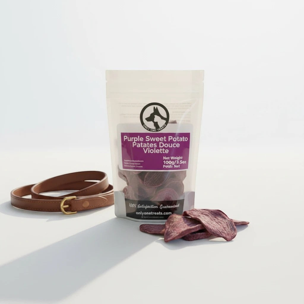 Oh Canada Gifts purple sweet potato slices in a clear pouch with a brown leather leash on a white background.