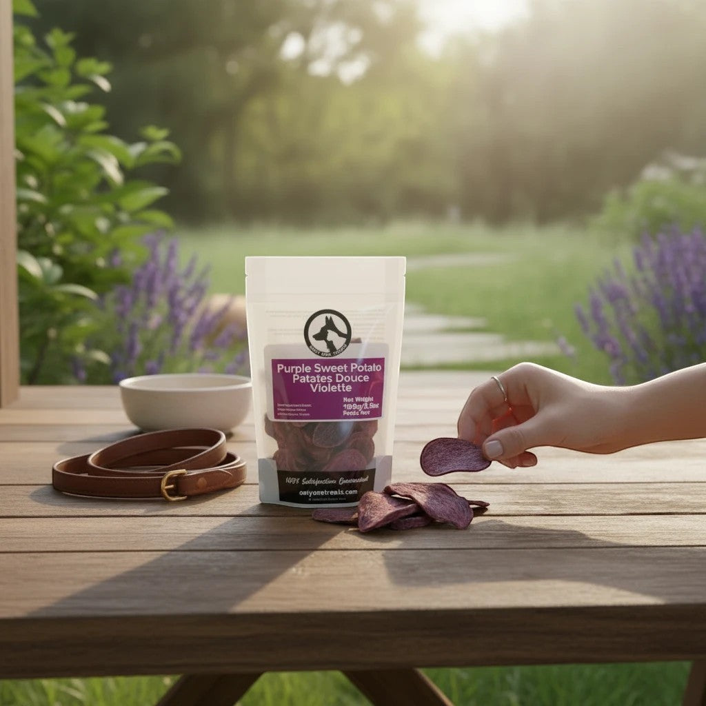 Oh Canada Gifts purple sweet potato slices in a clear pouch on a wooden table with a hand holding a snack piece