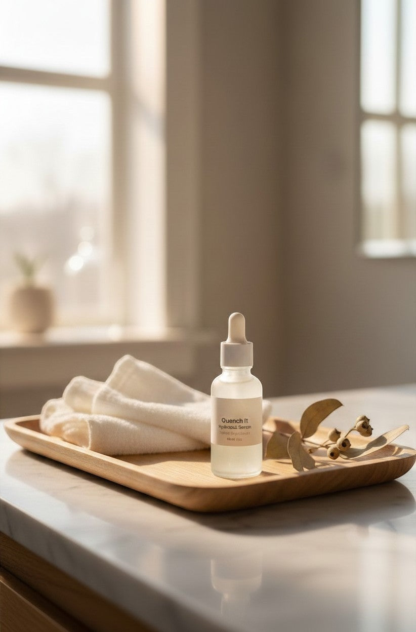 Oh Canada Gifts Quench It hydrating serum in a glass dropper bottle on a wooden tray with a white towel and plant