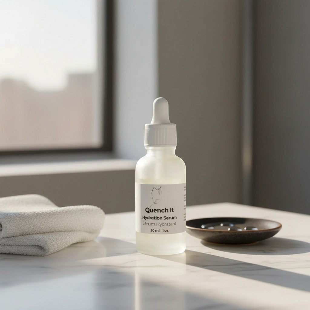 Oh Canada Gifts Quench It Hydrating Serum in a frosted glass dropper bottle on a marble vanity with a towel.