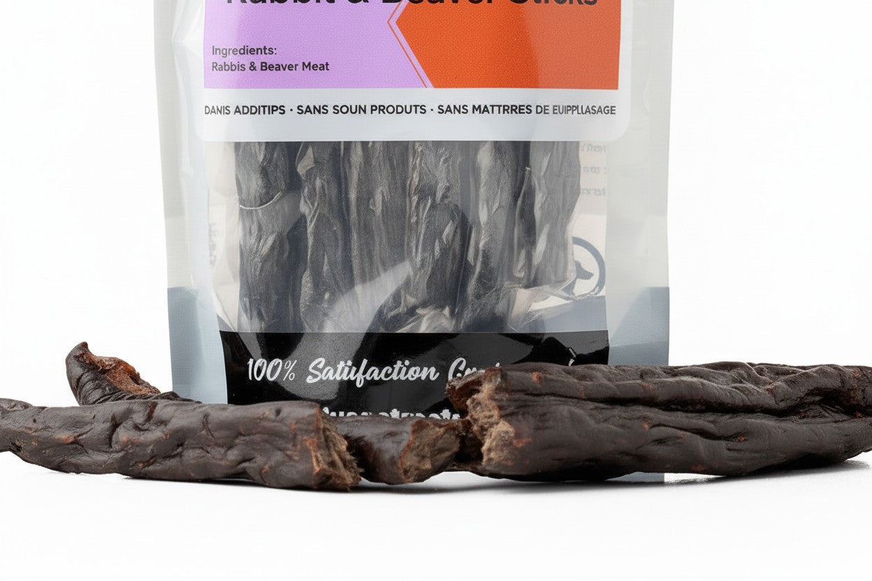 Oh Canada Gifts air-dried rabbit and beaver dog treat sticks in a clear plastic bag on a white background