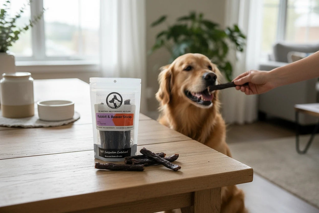 Oh Canada Gifts Rabbit and Beaver dog treat sticks in a pouch on a wooden table with a golden retriever waiting for a treat