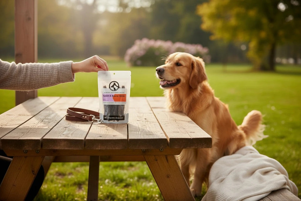 Oh Canada Gifts rabbit and beaver dog treat sticks held by a hand near a golden retriever at an outdoor picnic table
