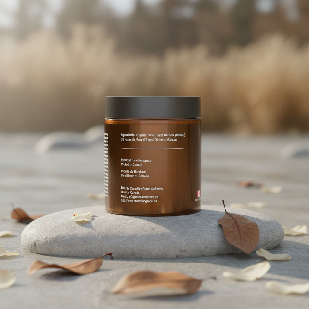 Oh Canada Gifts raw organic Batana oil jar on a stone with fallen leaves in a natural outdoor setting