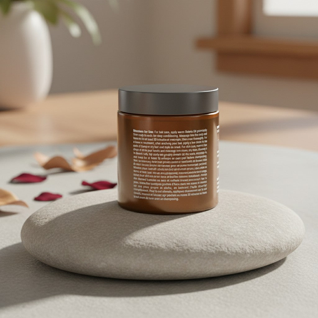 Oh Canada Gifts raw organic Batana oil in an amber jar on a stone base with rose petals in a soft-focus background