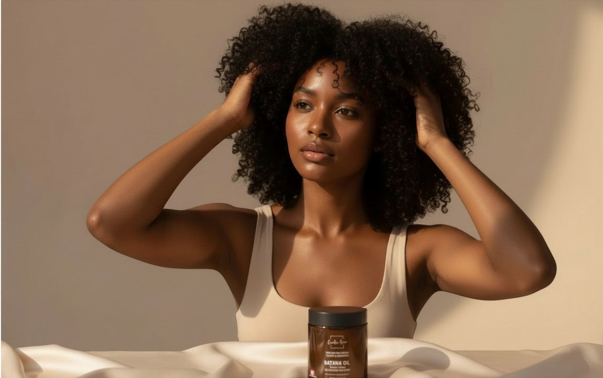 Oh Canada Gifts raw organic Batana oil jar with a woman with healthy curly hair in a warm, minimalist setting.