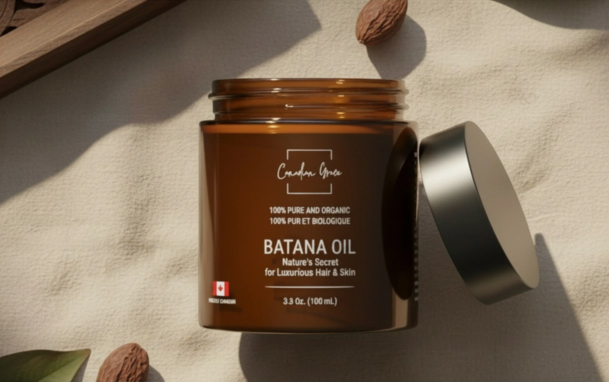 Oh Canada Gifts Canadian Grace Wellness raw organic Batana oil in an amber glass jar on a textured beige fabric.