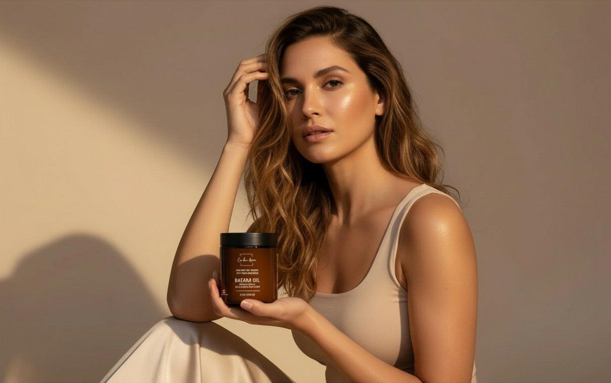 Oh Canada Gifts model holding a jar of raw organic Batana Oil for hair and skin care in a warm studio setting