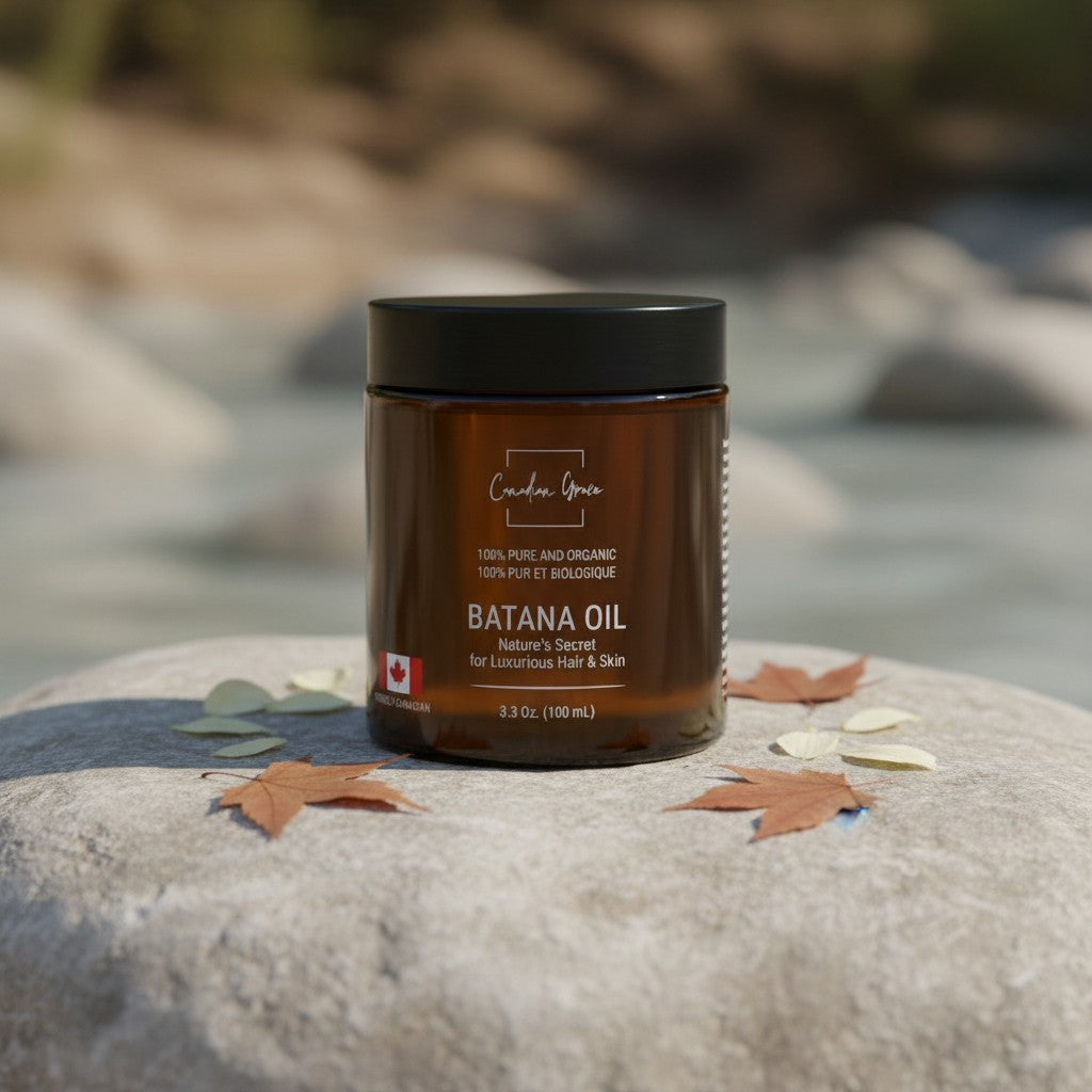 Oh Canada Gifts raw organic Batana Oil in an amber glass jar, placed on a stone with maple leaves outdoors.