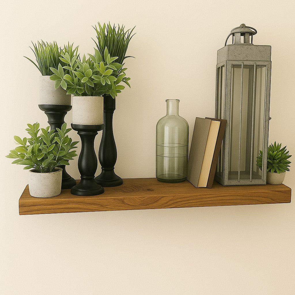 Oh Canada Gifts 2-inch thick reclaimed wood floating shelf styled with decorative plants, a lantern, and a glass bottle.