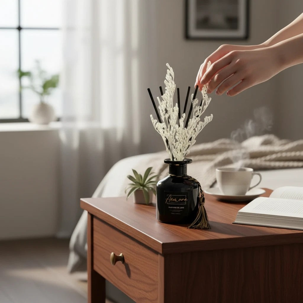 Oh Canada Gifts reed diffuser with black rattan sticks and preserved flowers in a black glass bottle on a wooden table
