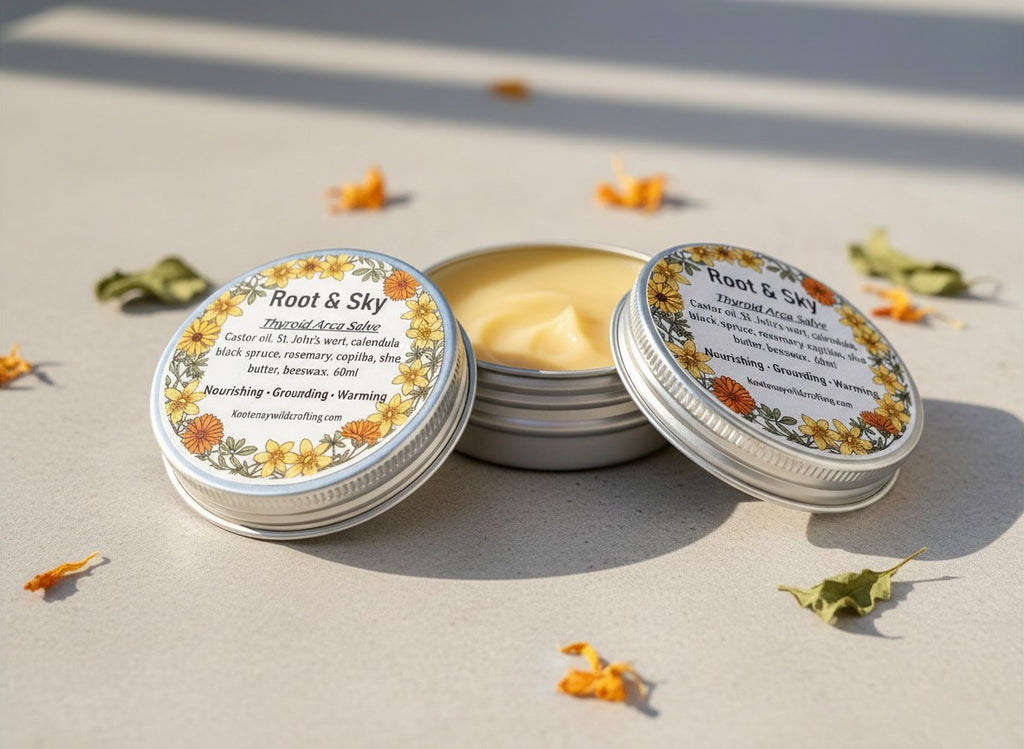 Oh Canada Gifts Root & Sky herbal throat and neck salve in a small metal tin with floral label and yellow balm.
