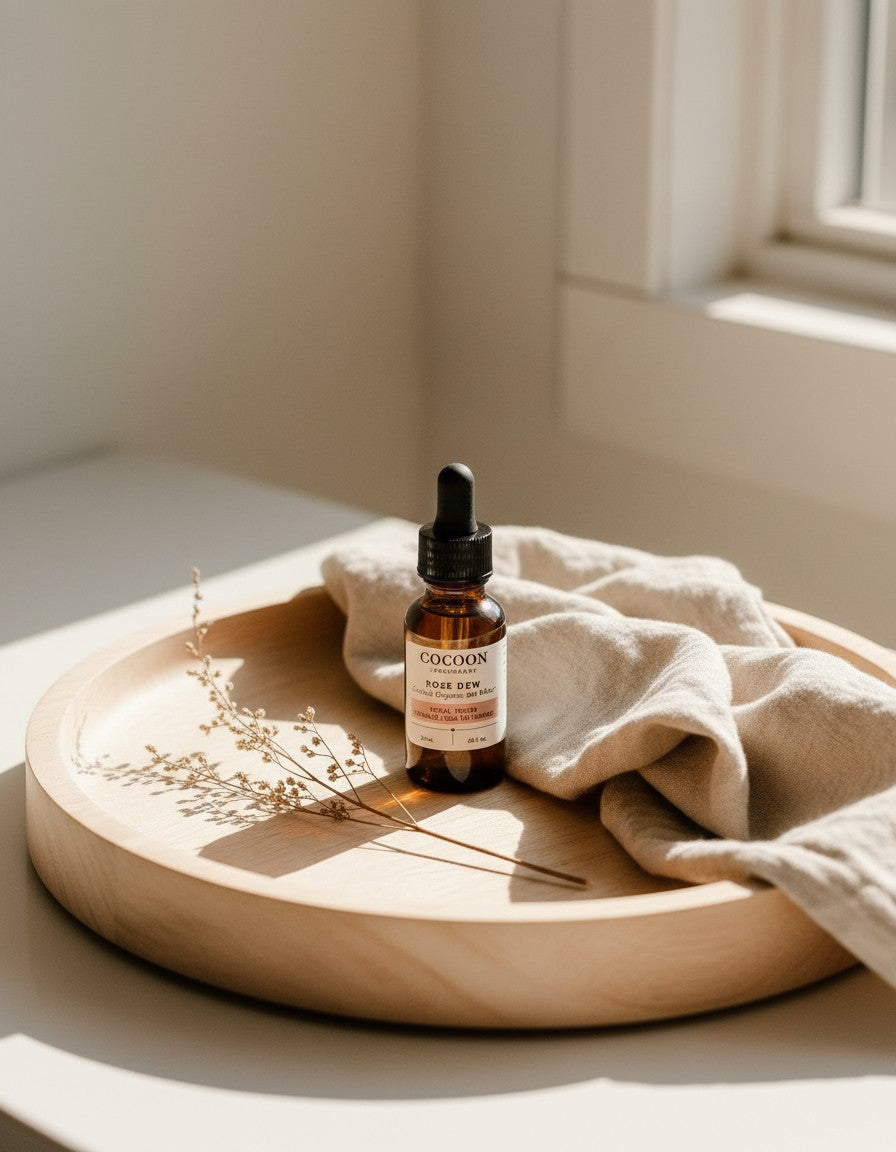 Oh Canada Gifts Cocoon Apothecary Rose Dew facial toner in a brown glass dropper bottle on a wooden tray with linen.