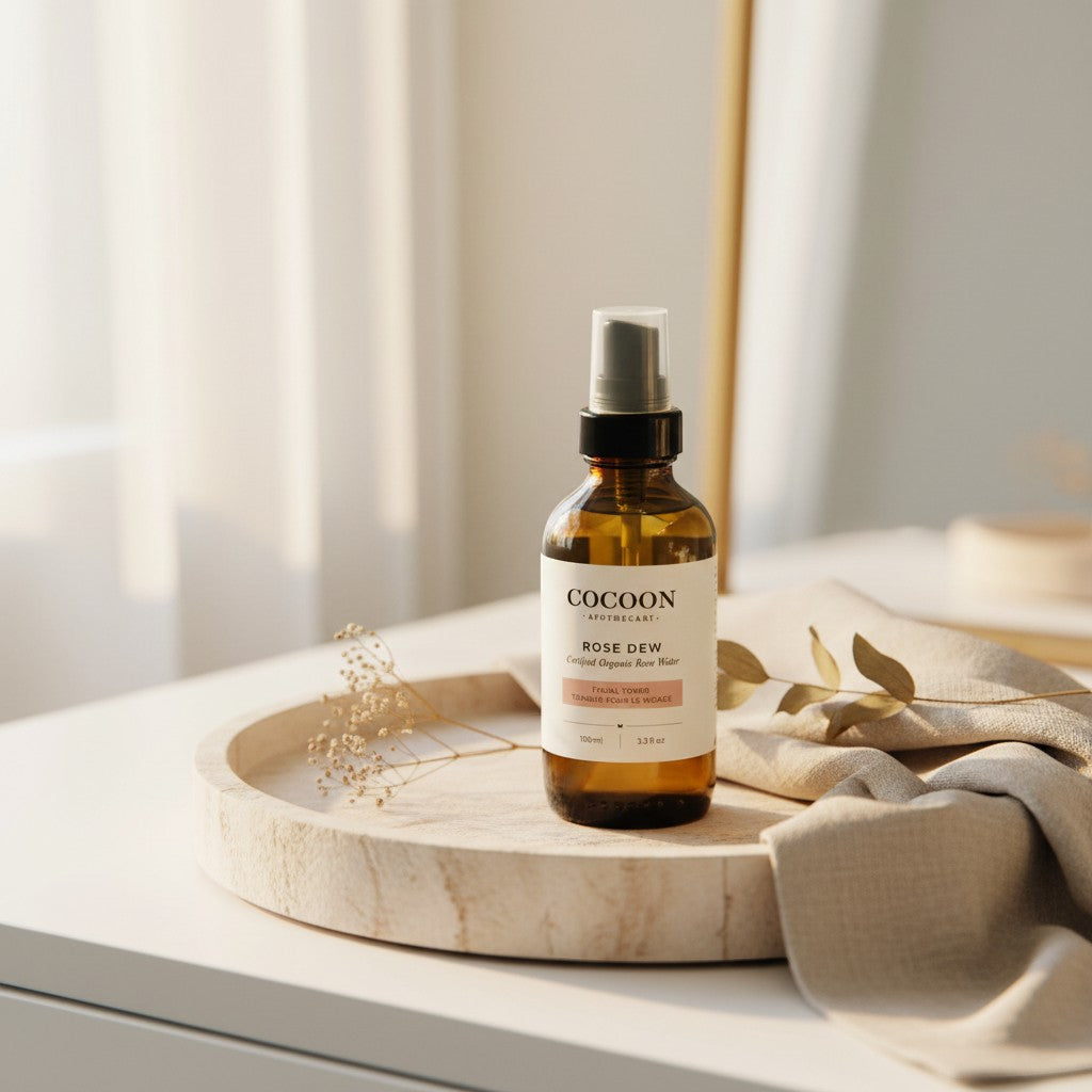 Oh Canada Gifts Rose Dew facial toner in an amber glass spray bottle on a wooden tray with a linen cloth.