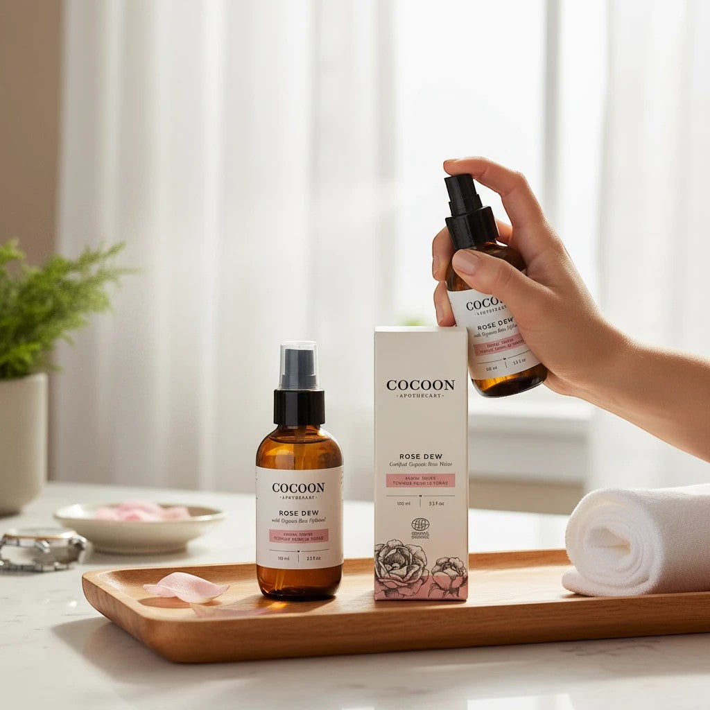 Oh Canada Gifts Rose Dew facial toner spray bottle and box on a wooden tray with a hand misting the rose floral water.