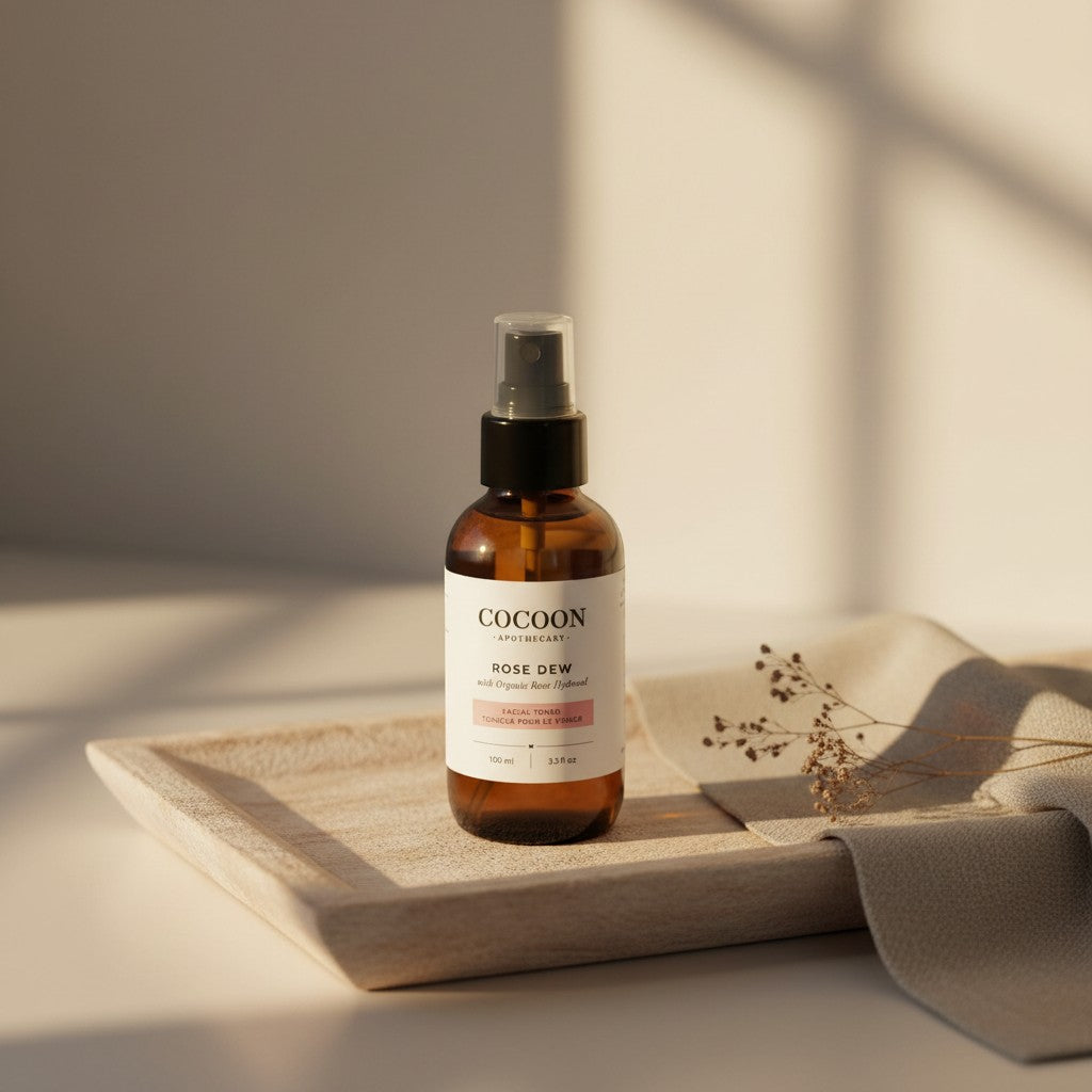 Oh Canada Gifts Rose Dew facial toner in an amber glass spray bottle on a wooden tray with soft natural lighting.