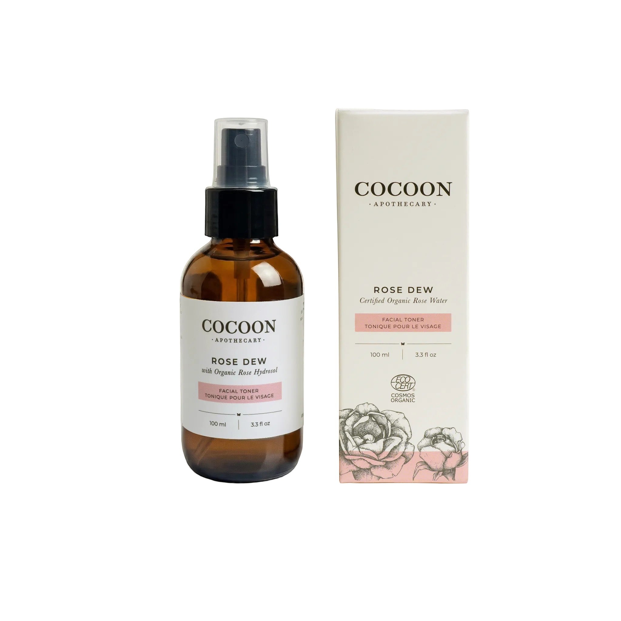 Oh Canada Gifts Cocoon Apothecary Rose Dew facial toner in an amber glass spray bottle with its matching box.