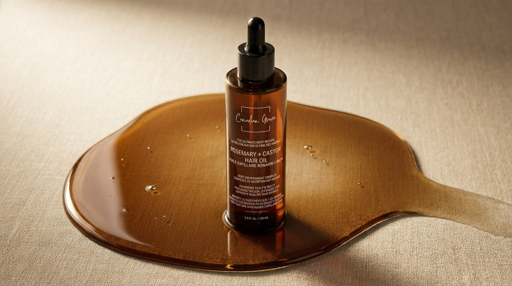 Oh Canada Gifts Canadian Grace rosemary and castor hair oil bottle with a dropper on a textured surface.